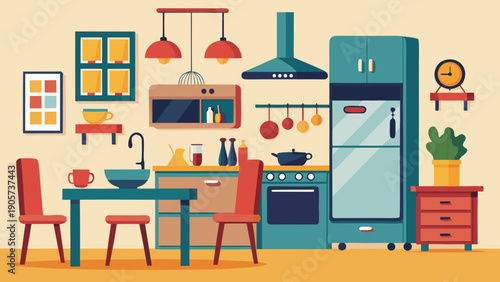 A vibrant and colorful modern kitchen with appliances and dining setup isolated on white background, Vector