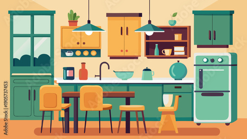 A vibrant kitchen and dining area filled with modern appliances and colorful decor isolated on white background, Vector