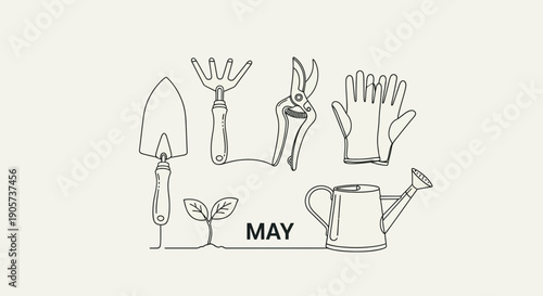 Gardening Tools and Gloves Illustration Set.