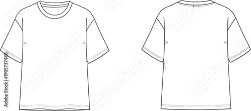 Classic t shirt technical fashion illustration, front and back view, short sleeve crew neck top, flat vector design for apparel production