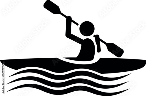 Silhouette of a person paddling a kayak on flowing water in minimalist outdoor sport style