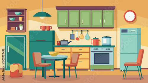 A cheerful family preparing a meal in a brightly colored and cozy kitchen. isolated on white background, Vector