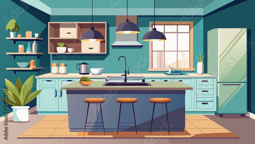 Cozy kitchen with modern blue cabinetry and warm wooden accents isolated on white background, Vector