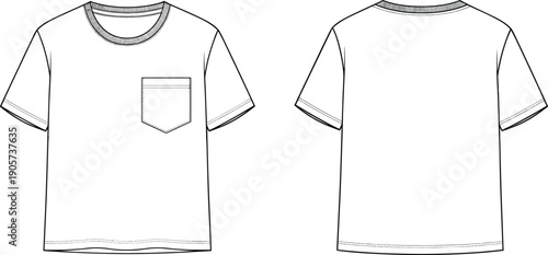 Crew neck t-shirt with chest pocket technical fashion illustration front and back view, short sleeve tee flat sketch apparel design