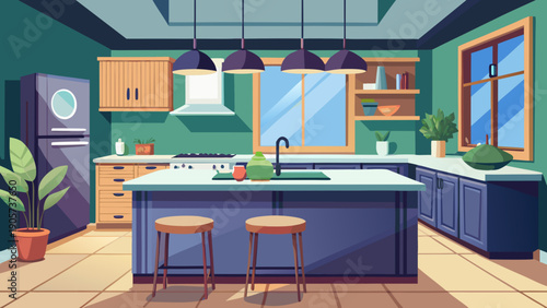 Modern kitchen with stylish blue and green cabinetry and a cozy living area in the background isolated on white background, Vector