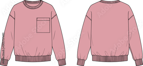 Crewneck sweatshirt technical fashion illustration front and back view, oversized pullover flat sketch with ribbed cuffs, hem and chest pocket
