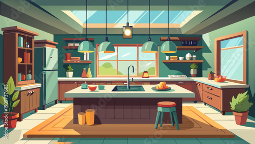 Cozy modern living room with vibrant decor and warm lighting isolated on white background, Vector