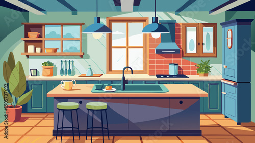 Cozy kitchen and dining area with warm wooden accents and modern decor isolated on white background, Vector