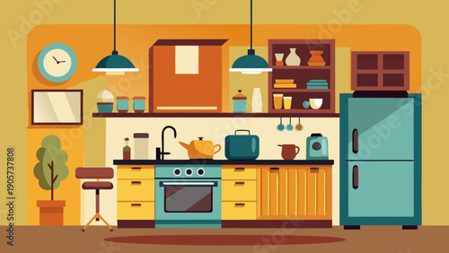 A vibrant kitchen filled with modern appliances and colorful decor elements. isolated on white background, Vector