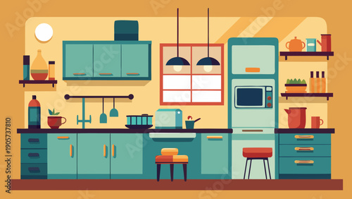 Colorful and organized modern kitchen with appliances and utensils on display isolated on white background, Vector