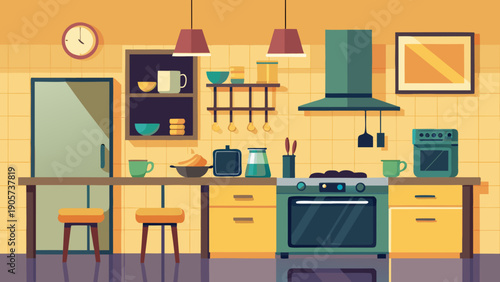 Cozy and colorful modern kitchen and living room interior design with appliances and furniture isolated on white background, Vector