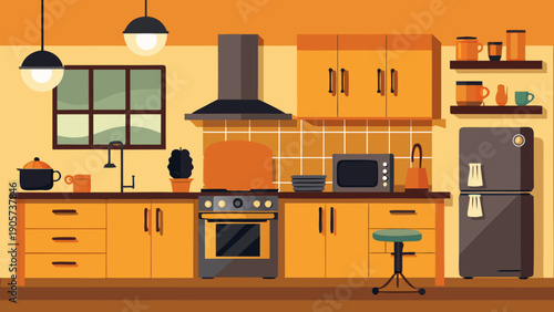 Modern kitchen interior with stainless steel appliances and wooden cabinets isolated on white background, Vector