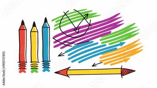 Colorful pencils and markers transforming into digital icons with arrows indicating conversion. isolated on white background, Vector