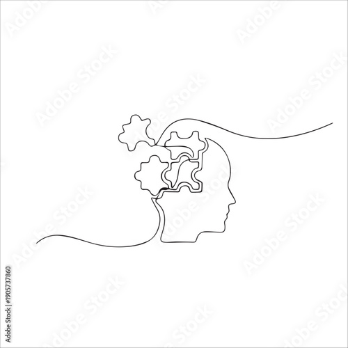 Head with puzzle pieces in one line drawing. Solving psychological challenges and finding balance, Alzheimer s day simple background, web banner, poster with brain and puzzle. One continuous line draw