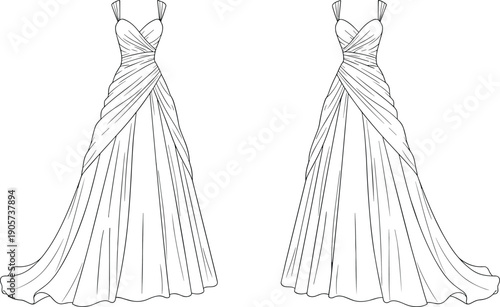 Elegant evening gown technical fashion illustration, front and back view, sleeveless draped long dress, flat vector design for apparel production