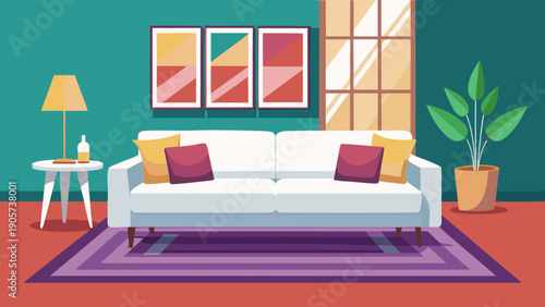 Cozy living room with modern furniture and vibrant artwork on the walls isolated on white background, Vector