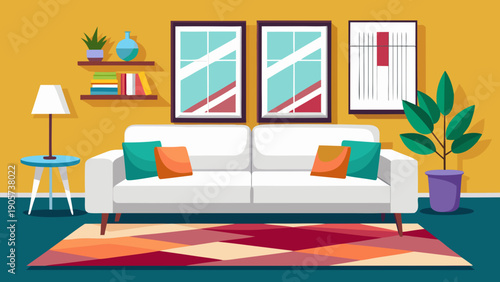 Cozy living room with modern furniture and vibrant decor accents isolated on white background, Vector