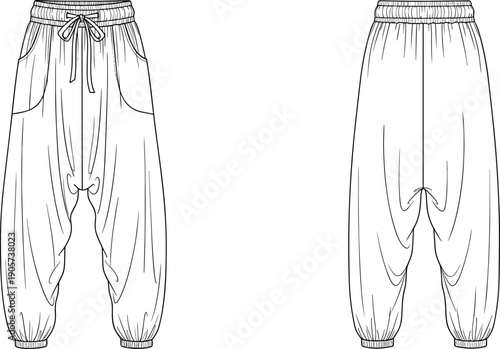 Harem pants technical fashion illustration, front and back view, loose fit trousers, elastic waistband, flat sketch design for apparel production
