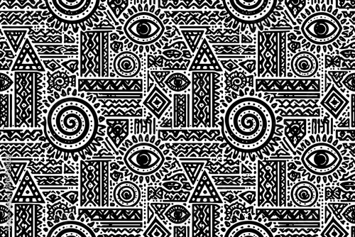 Ethnic symbols, ancient tribal elements, shapes pattern. Aztec, Mexican, Maya ornaments, horizontal background design in boho style.