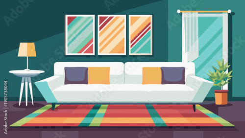 Cozy living room with modern furniture and colorful decor under large windows isolated on white background, Vector