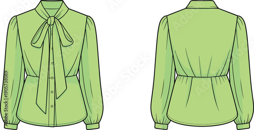 Green bow tie blouse technical fashion illustration, front and back view, long sleeve women top, flat vector design for apparel production