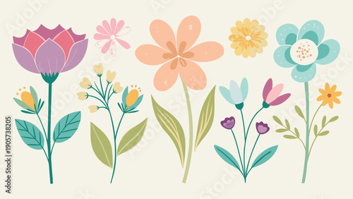 Colorful bouquet of cheerful flowers arranged in a playful, whimsical design isolated on white background, Vector