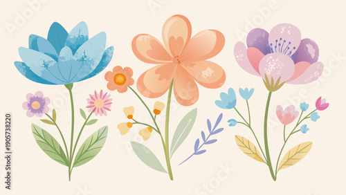 A vibrant bouquet of cartoon flowers in soft pastel colors against a plain background. isolated on white background, Vector