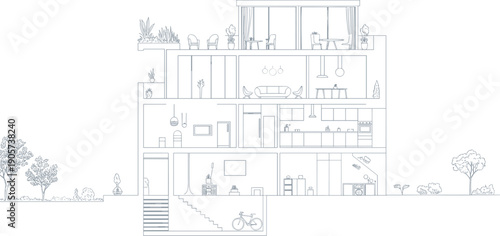 A detailed line of a multi-story house with various rooms and outdoor line rooms furniture kitchen