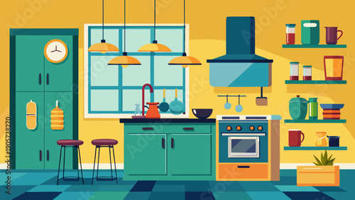 A vibrant and lively illustration of a modern, well-equipped kitchen space. isolated on white background, Vector