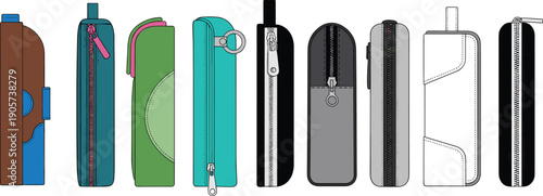 Leather and fabric zipper pouch collection, colorful minimalist wallet and pencil case designs, modern accessory illustrations isolated on white