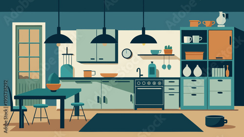 Modern kitchen with stylish lighting and minimalist decor in a cozy living space. isolated on white background, Vector