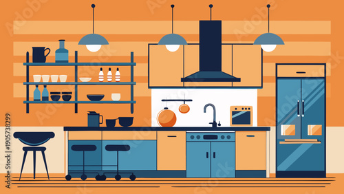 Modern kitchen with stainless steel appliances and wooden shelves for a cozy dining space isolated on white background, Vector