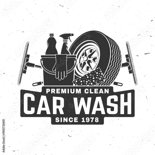 Car wash logo, emblems, badges and icons. Vector. Template for car wash logo, cleaning car, washing and service with cleaning equipment.