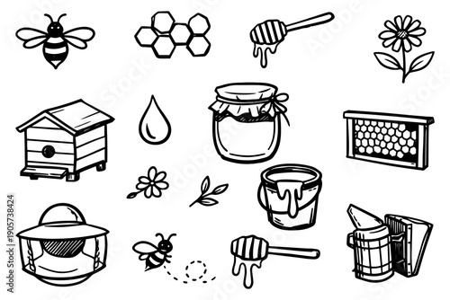 Vector collection of beekeeping and honey items hand-drawn in doodle style