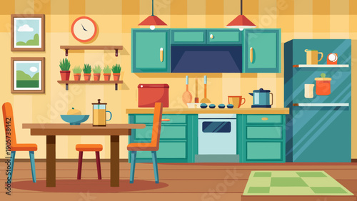 Colorful and cheerful modern kitchen with dining area and appliances isolated on white background, Vector