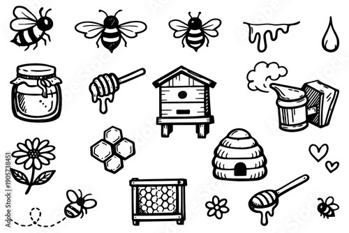 Vector collection of beekeeping and honey items hand-drawn in doodle style