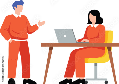 Modern corporate office scene with male manager talking to female employee working on laptop, flat vector illustration of professional workplace collaboration.