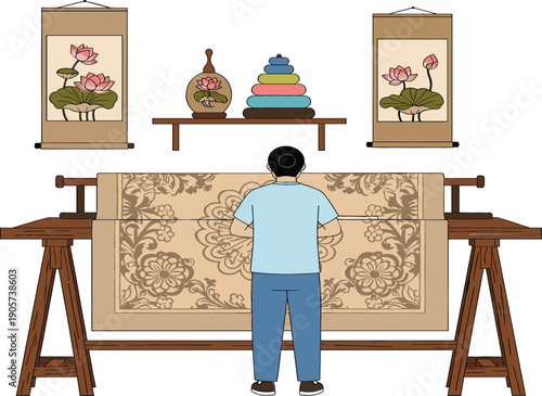 Man working at a traditional wooden weaving loom creating a floral carpet or rug in a workshop with lotus wall art decor.