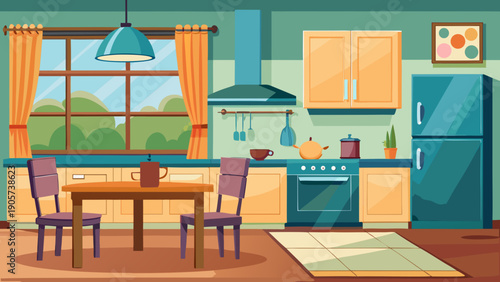 Cozy dining and living room with modern decor and natural lighting isolated on white background, Vector