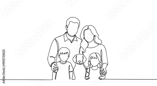 continuous single line drawing of mother and father with two children walking hand in hand, family line art vector illustration