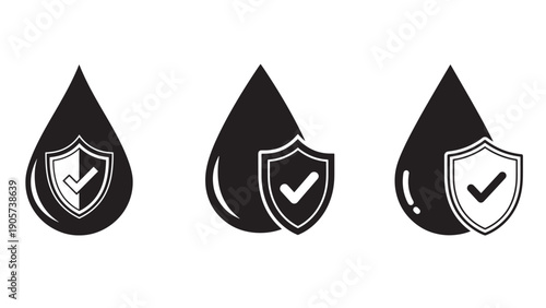 Certified Blood Drop Icons with Shield Symbols for Donor Safety, Screening Certifications and Medical Compliance Graphics