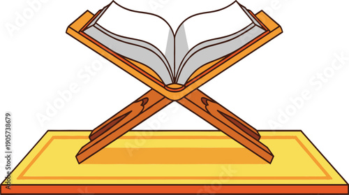Open holy book on a traditional wooden rehal stand, religious scripture vector illustration for spiritual study, education, and cultural themes.