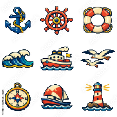 Pirate symbols pixel art set. Treasure, black flag, rum, compass, weapon and bomb collection.