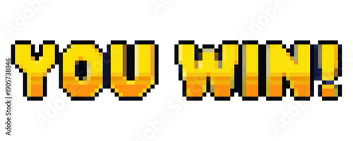 Pixel game win screen. You Win text, computer game level up background.