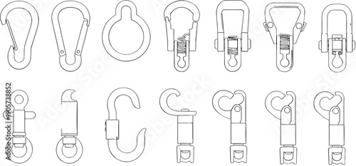 Metal hook and carabiner assortment, minimalist line art hardware connectors set, industrial safety clips illustration isolated on white
