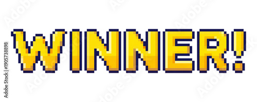 Pixel game win screen. Winner text, computer game level up background.