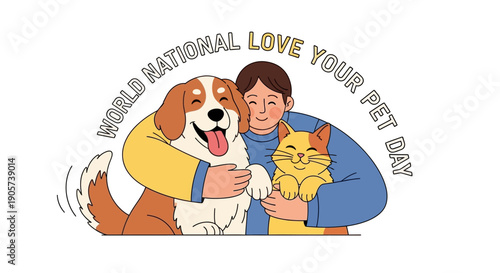 Illustration of a smiling woman hugging a dog and holding a cat on National Love Your Pet Day with a playful and affectionate mood.