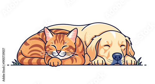 Illustration of a sleeping orange cat and a dog lying together in a cuddly pose on grass with a white background.