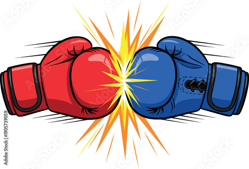 Red and blue boxing gloves clashing with yellow impact spark explosion isolated on white background, 