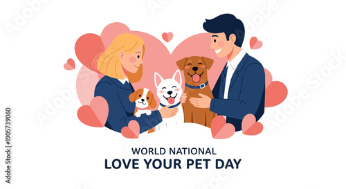 Illustration of a couple pampering and cherishing their pets, a dog, and a cat, on National Love Your Pet Day with a playful and affectionate mood.